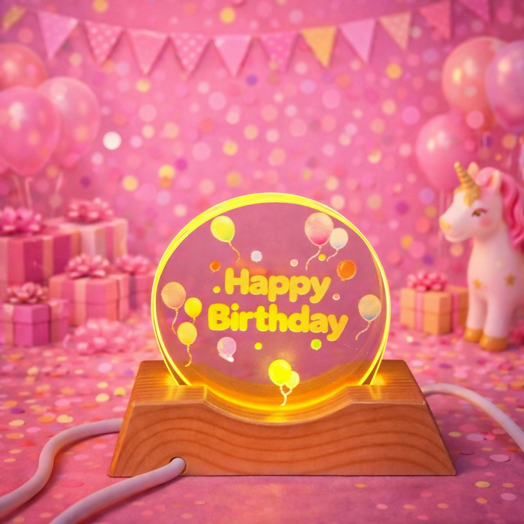 Happy Birthday Acrylic LED Lamp with Wooden Base Balloon Party Gift