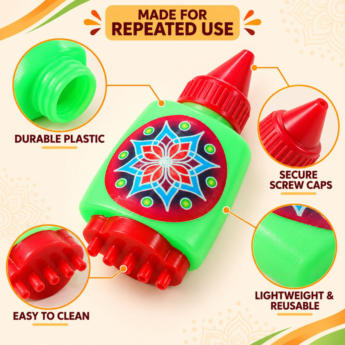 A green rangoli bottle with red caps and stamping base, highlighting its durable plastic, secure screw caps, and