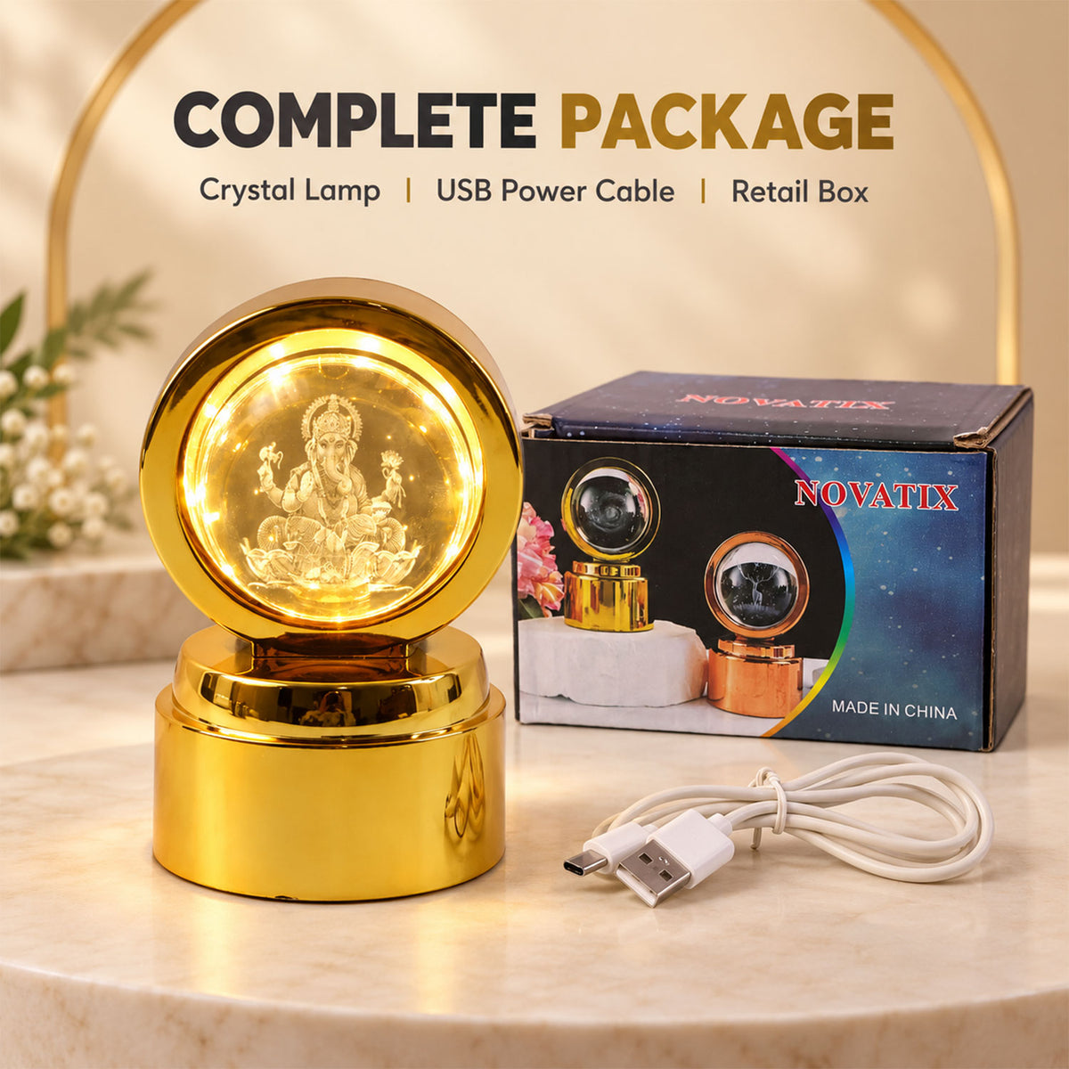 Ganpati Bapa 3D Crystal Ball LED Night Light – Divine Spiritual Glow