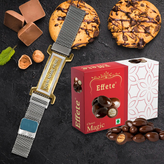 A customised bracelet with a name engraved, presented alongside a box of delicious chocolates, perfect for a special gift.