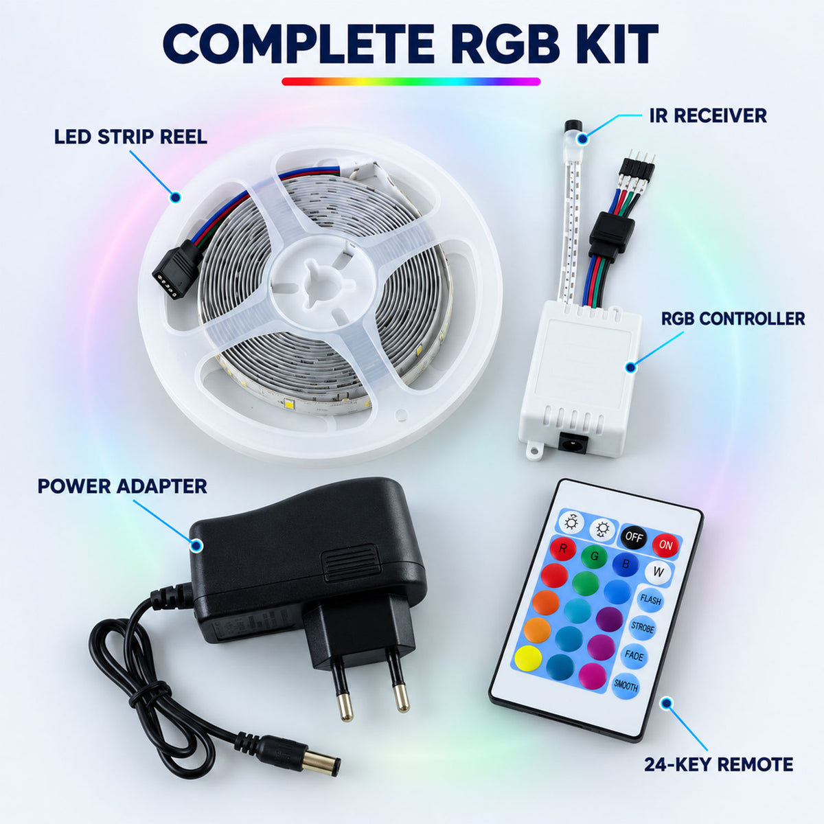 RGB LED Strip Light with Remote and Adapter for Room Decor (1 Set, 3.4 Mtr)