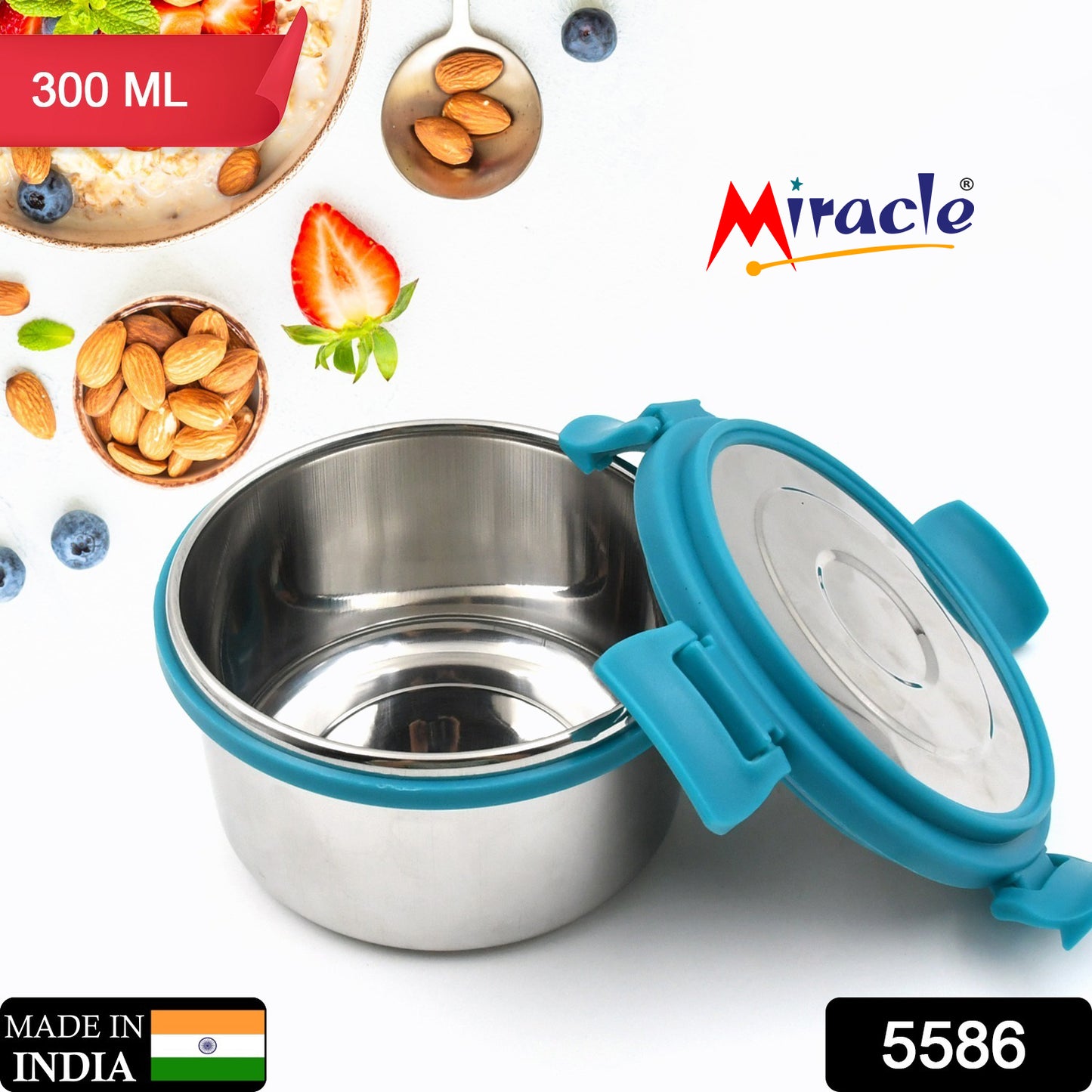 मिरेकल सोलो गोल लंच बॉक्स हाई ग्रेड स्टेनलेस स्टील डबल वॉल इंसुलेटेड 300 एमएल फूड कंटेनर 4 लॉक क्लिप लीक प्रूफ ढक्कन, किसी भी अवसर के लिए सर्वश्रेष्ठ रिटर्न गिफ्ट (1 पीस)