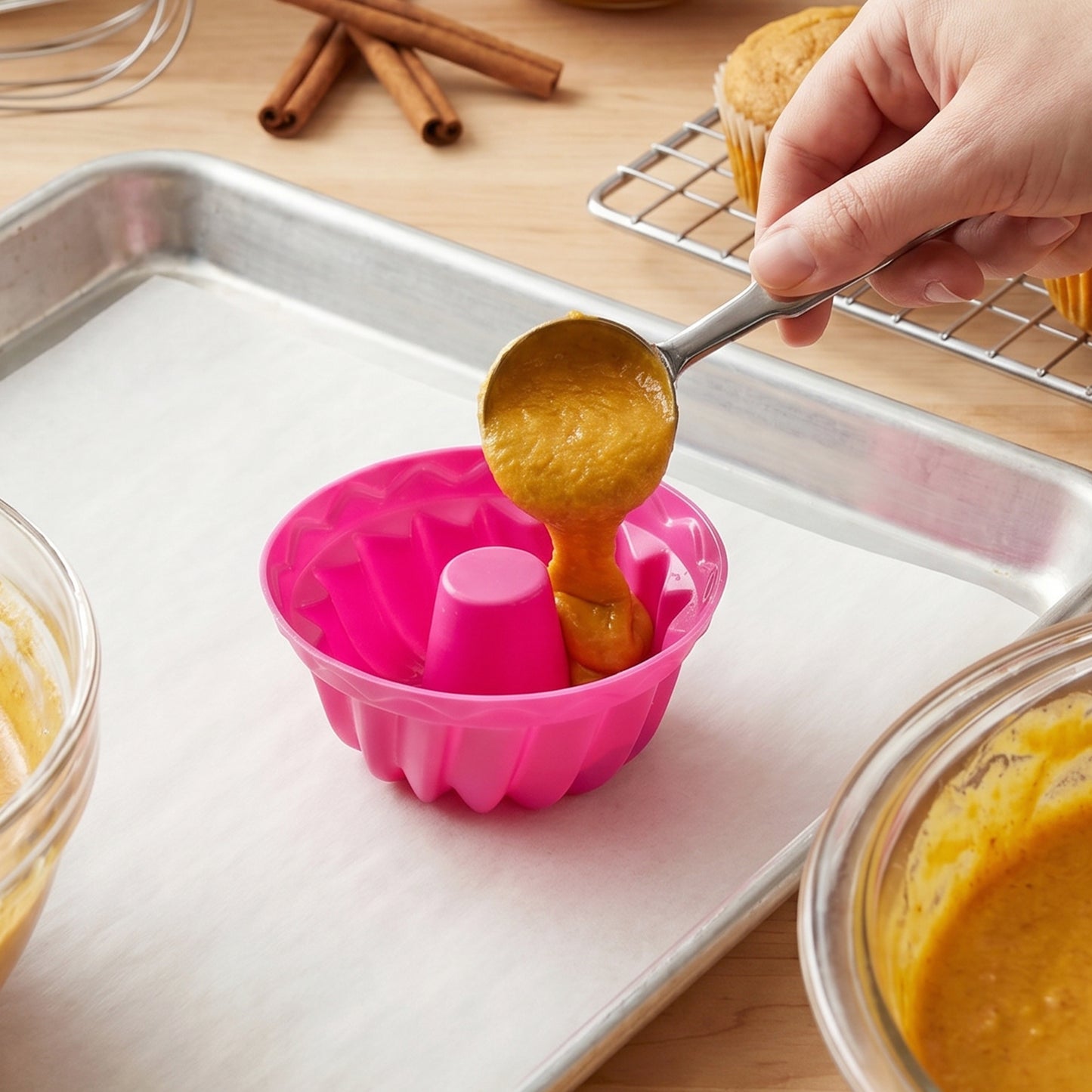 Pouring cupcake batter into silicone mould in kitchen