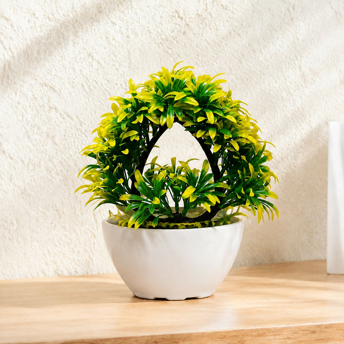 Artificial Yellow Green Arch Bonsai Plant with White Bowl Pot Home Office Decor