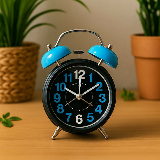 Blue Twin Bell Alarm Clock – Loud Retro Analog Desk Clock with Night Light