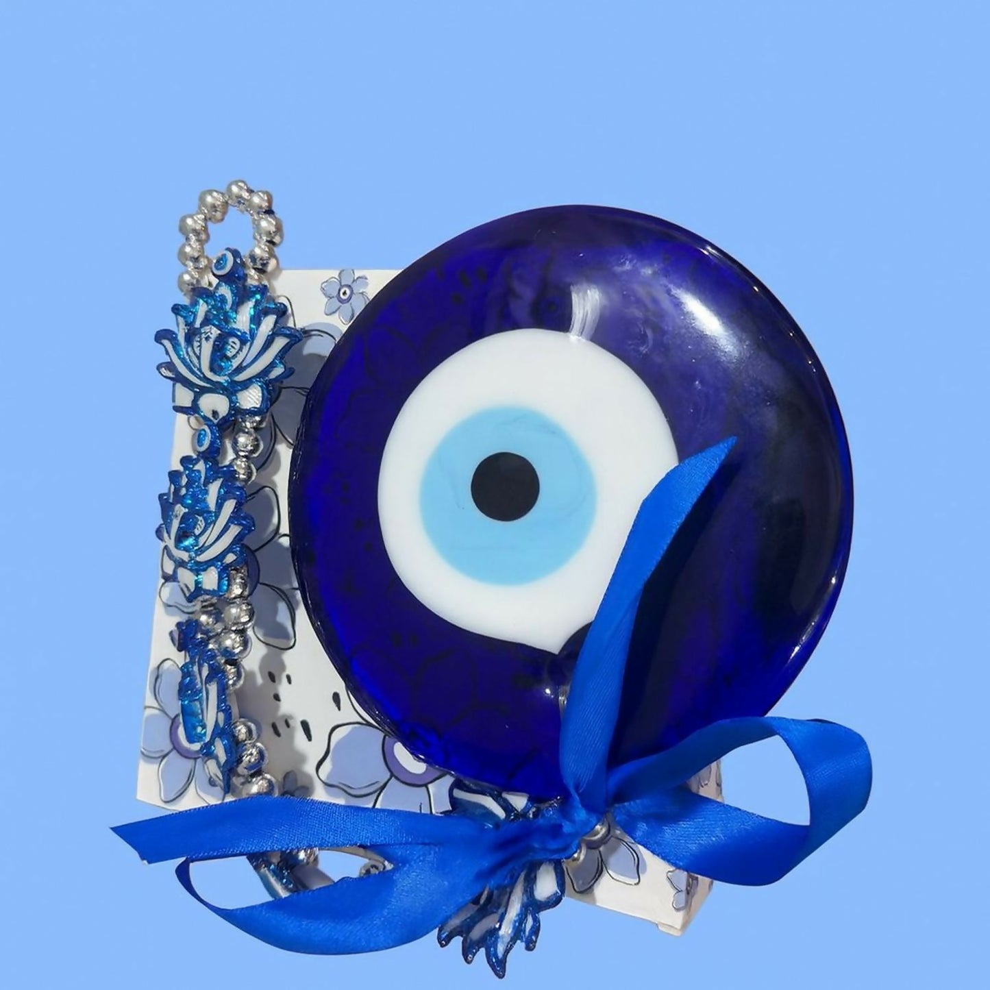 Evil Eye Wall Hanging with Blue Lotus & Om Design – Nazar Battu Hanging for Home, Office & Car Décor, Protection Symbol with Decorative Ribbon, Good Luck Charm, Gift Item (Blue)