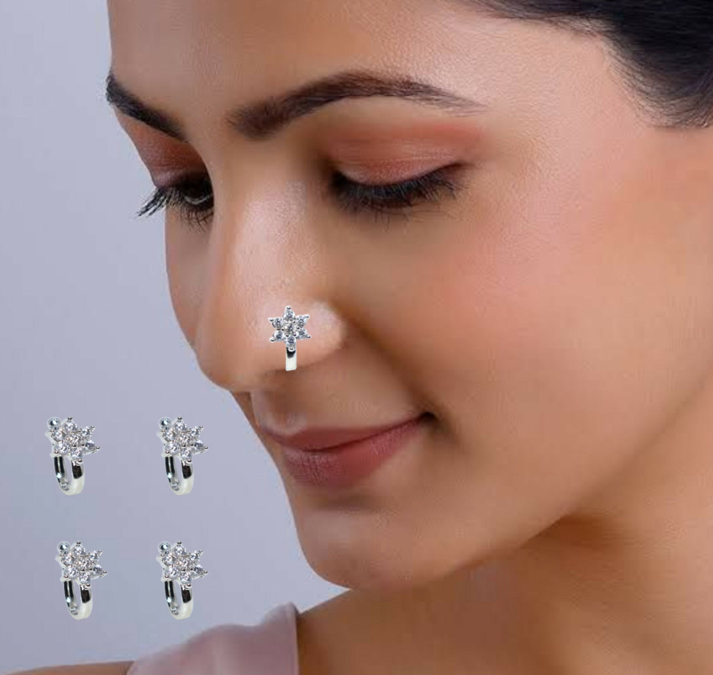 Gold Plated Ruby CZ Single Row Non-Pierced Nose Cuff/Ring Combo Pack of 4