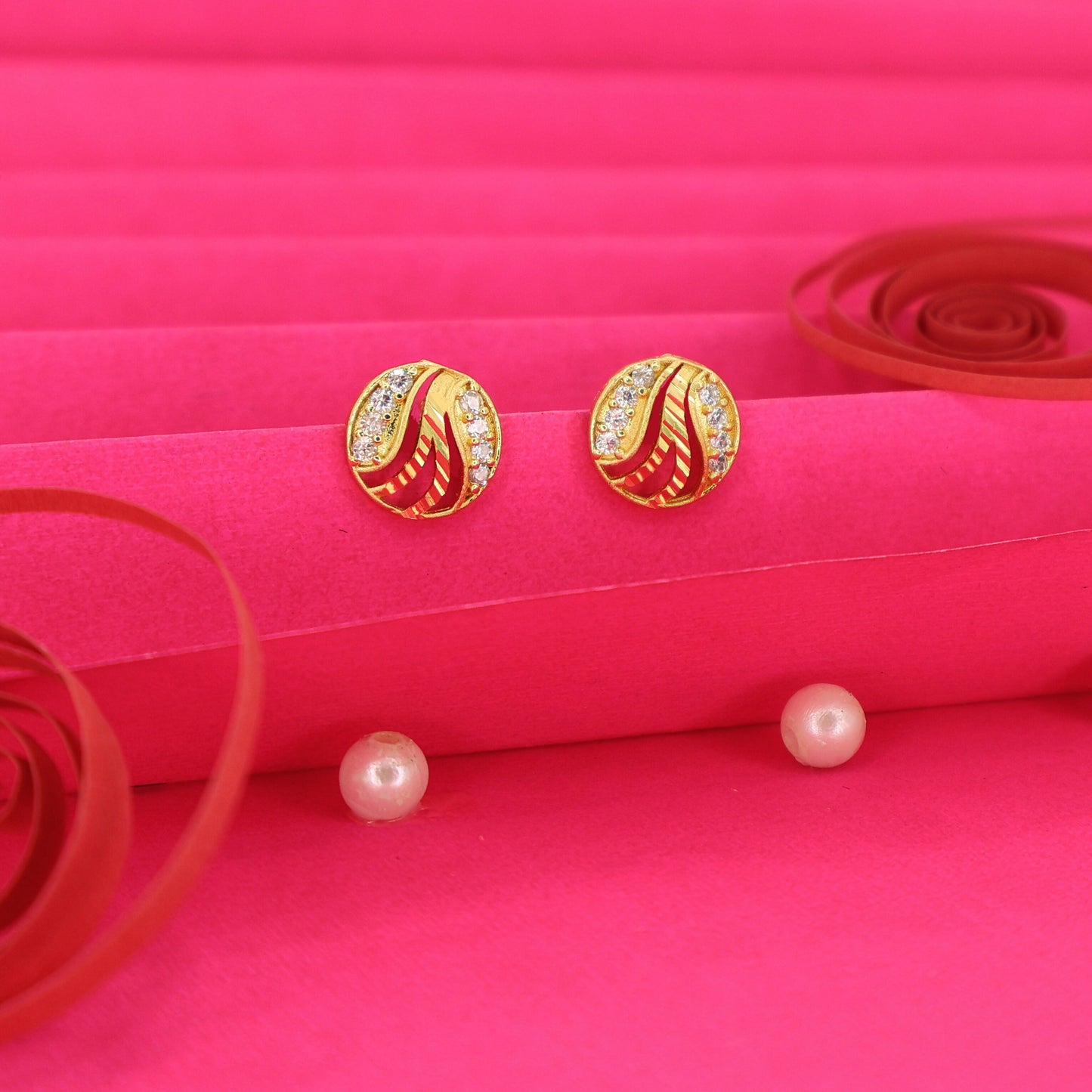 Gold Plated AD Stud Earrings -Round Leaf Design for women and girls