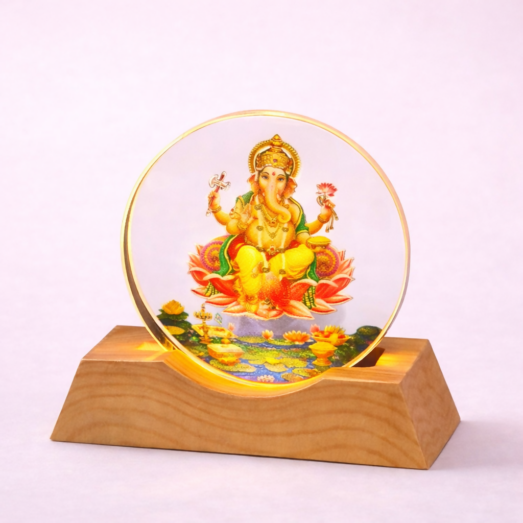 Lord Ganesha Acrylic LED Lamp with Wooden Base | Devotional Night Light