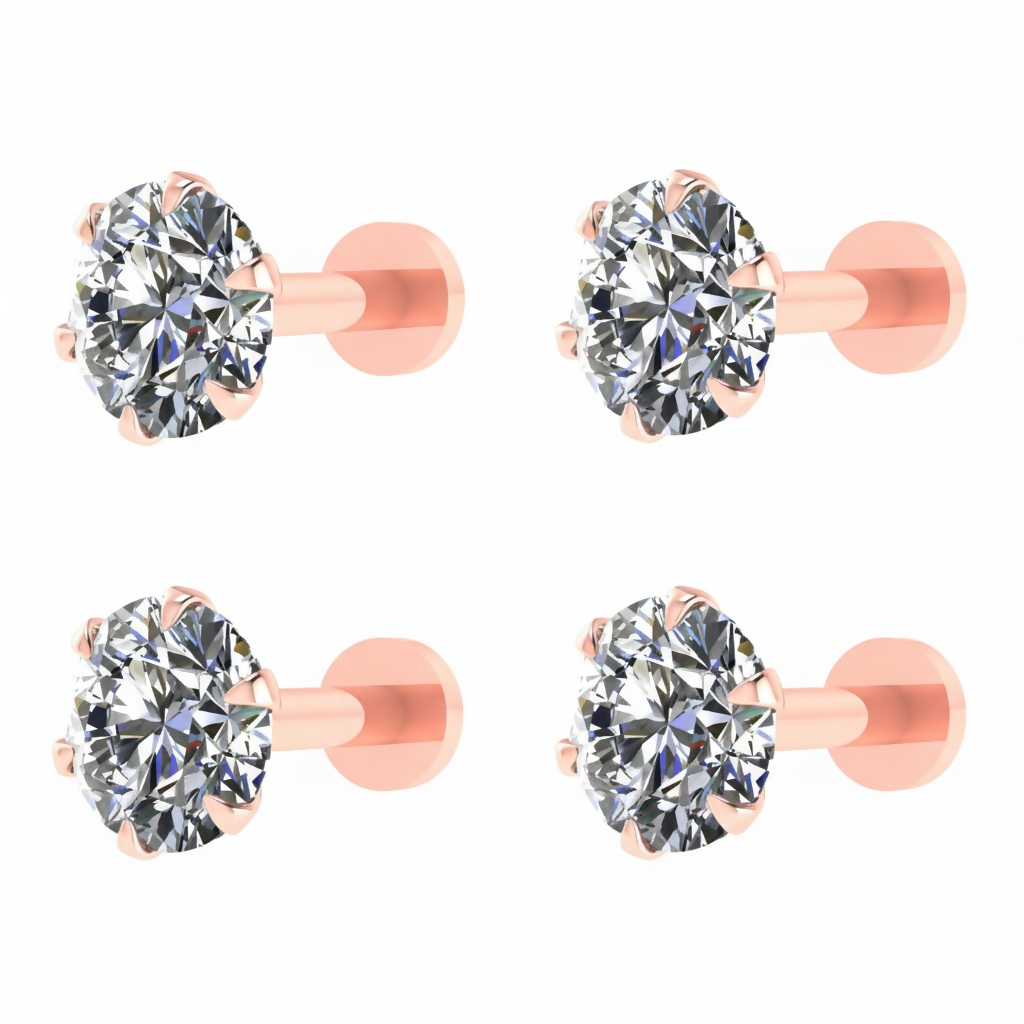 Side view of rose plated solitaire flat-back stud earring highlighting comfortable post