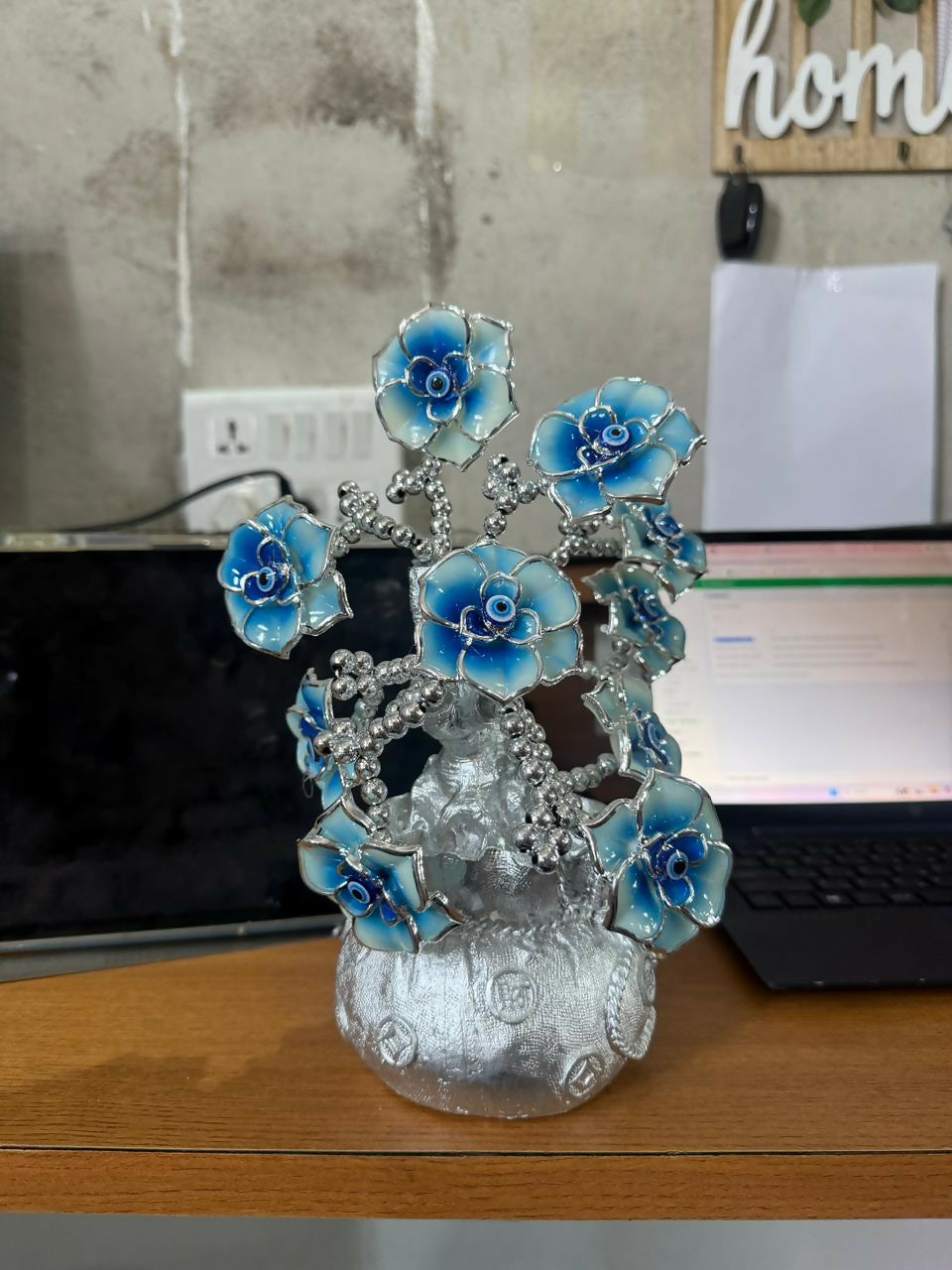 Silver decorative tree showpiece with evil eye accents perfect for modern & traditional interiors