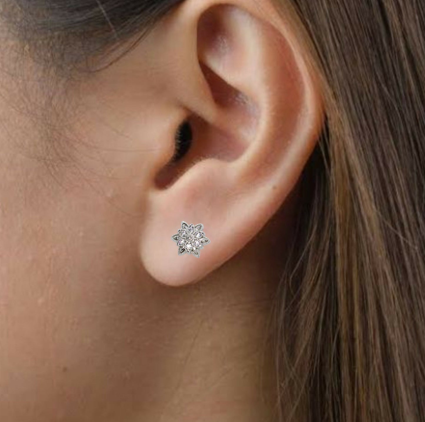 Diamond Cluster Flower Stud Earrings Sterling Silver Dainty Minimalist