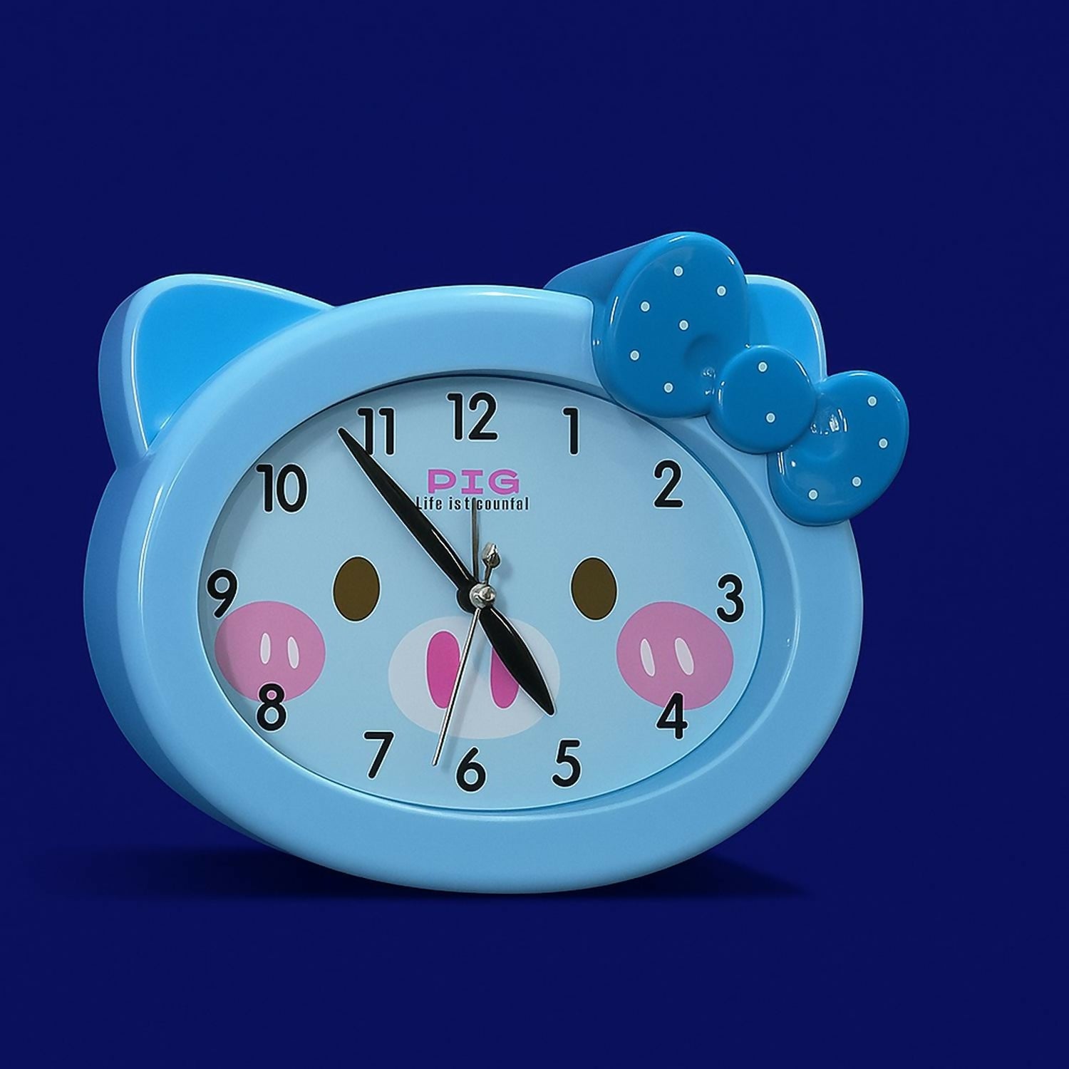 Cute Blue Cartoon Table Clock with Bow Design for Kids | Silent Non-Ticking Quartz Analog Clock for Bedroom, Study Table & Home Decor | Adorable Piggy Face Design with Easy-to-Read Numbers – Perfect for Boys & Girls