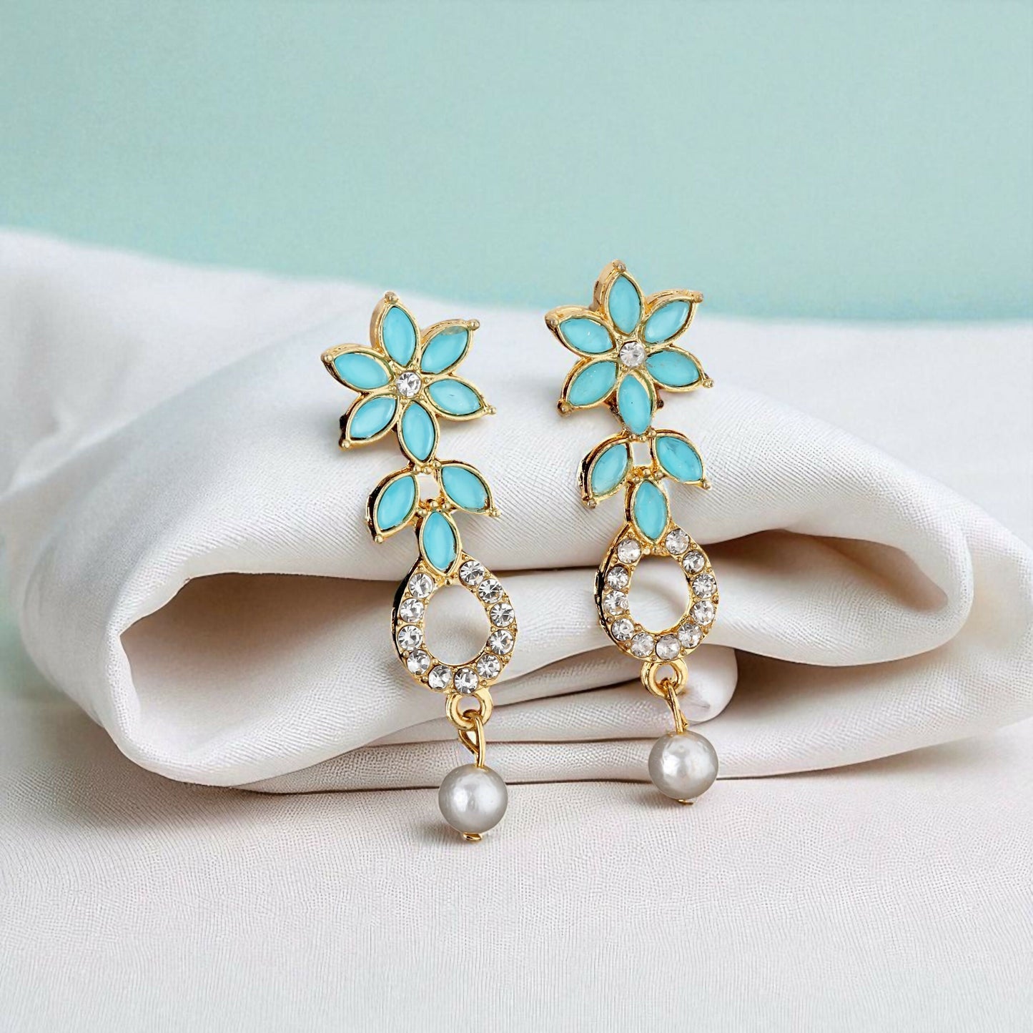 Gold-Plated Turquoise & Diamond-Look Floral Link Necklace Set