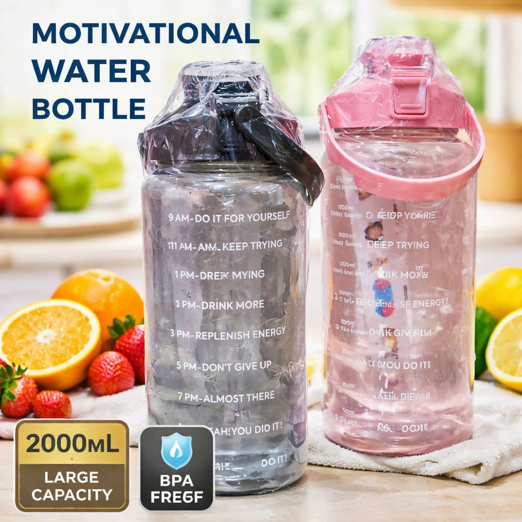 2-Litre Motivational Water Bottle with Time Marker & Straw | 2000ml Large Capacity BPA-Free Sports Bottle | Leak-Proof Gym Bottle for Fitness, Workout & Outdoor Activities