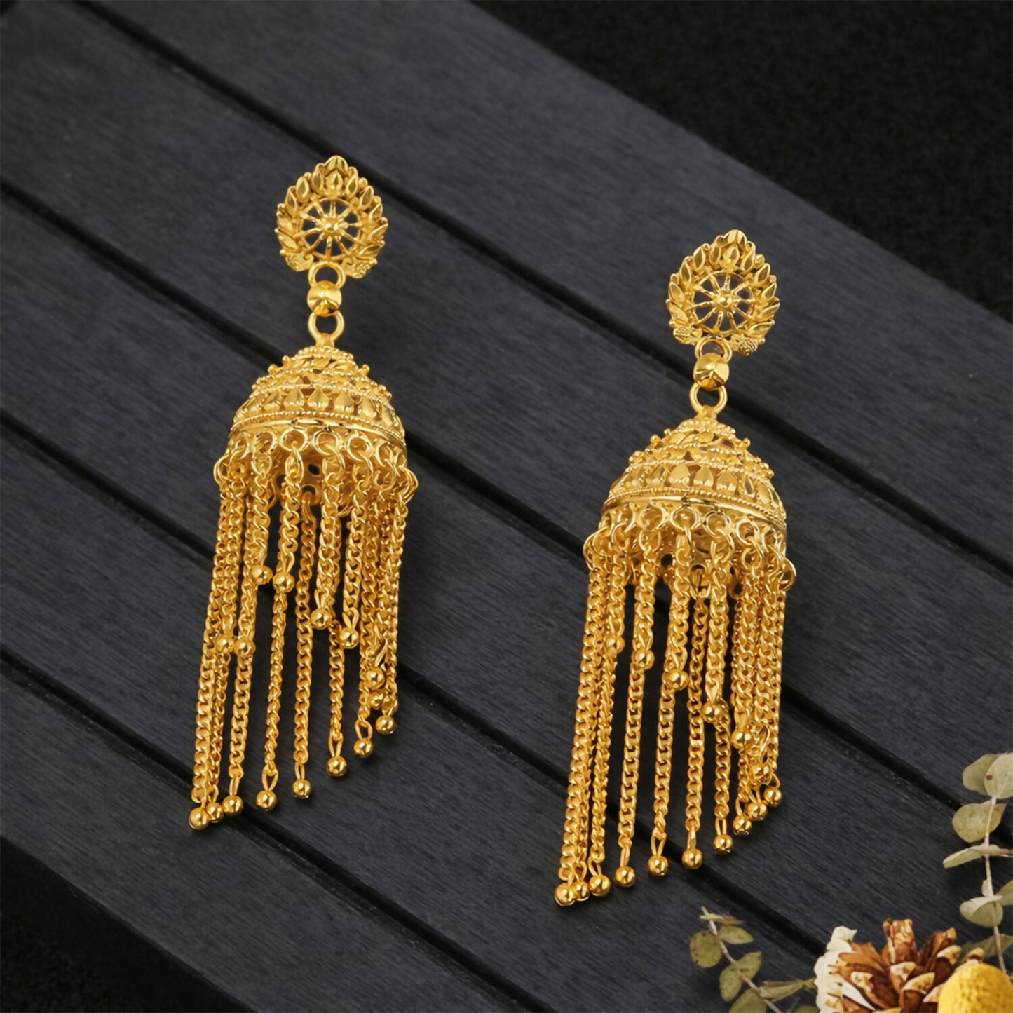 Traditional Gold Tone Chain Tassel Jhumka Earrings Long Ethnic Dangle Earrings for Women