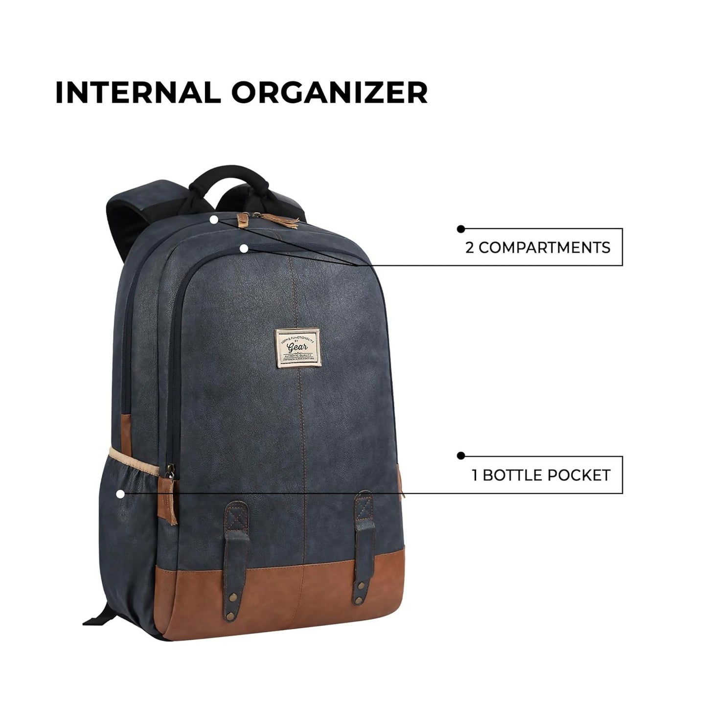 GEAR Laptop Back Pack Classic Faux Leather Navy Blue Tan