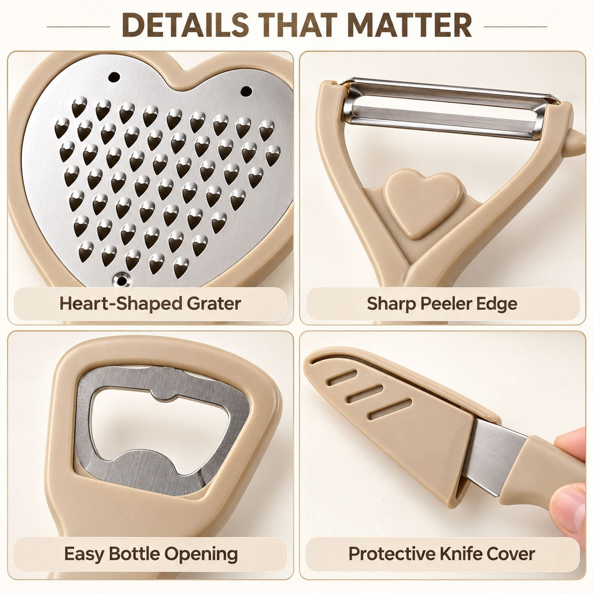 Four close-up details of the kitchen tools: a heart-shaped grater, a peeler with a heart accent, a bottle opener, and a
