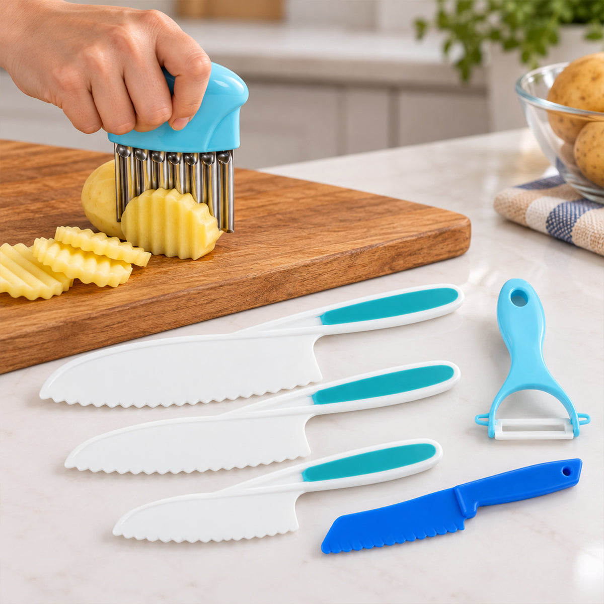 Kids Kitchen Set with Serrated Knives, Peeler and Crinkle Cutter (6 in 1)
