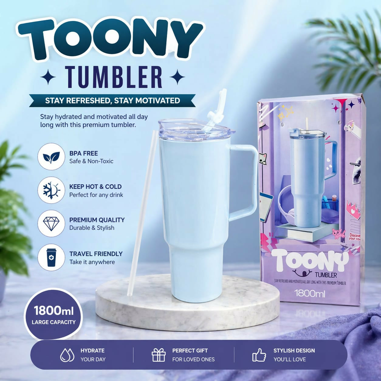 Toony Tumbler 1800ml - Insulated Travel Mug with Handle & Straw | BPA Free, Leak-Proof & Large Capacity Coffee Cup