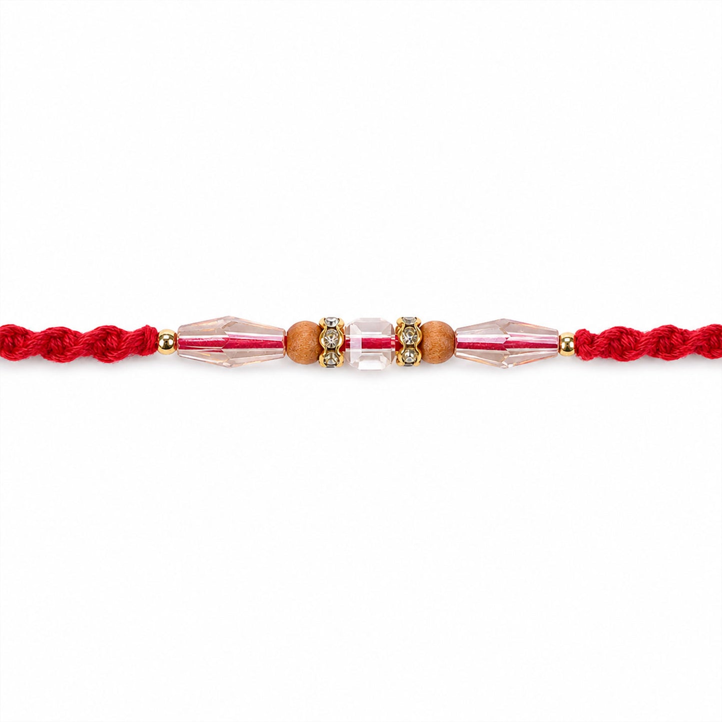 Red Thread Rakhi with Champagne Crystal Beads and Wooden Bead Accents