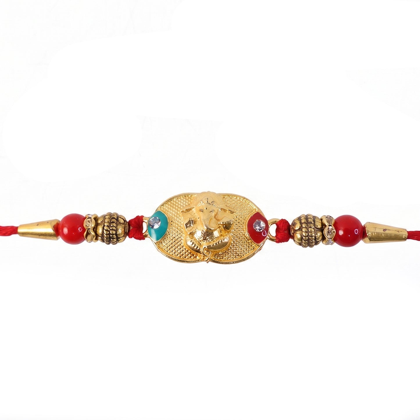 Golden Ganesh Rakhi for Boys with Red and Green Beads