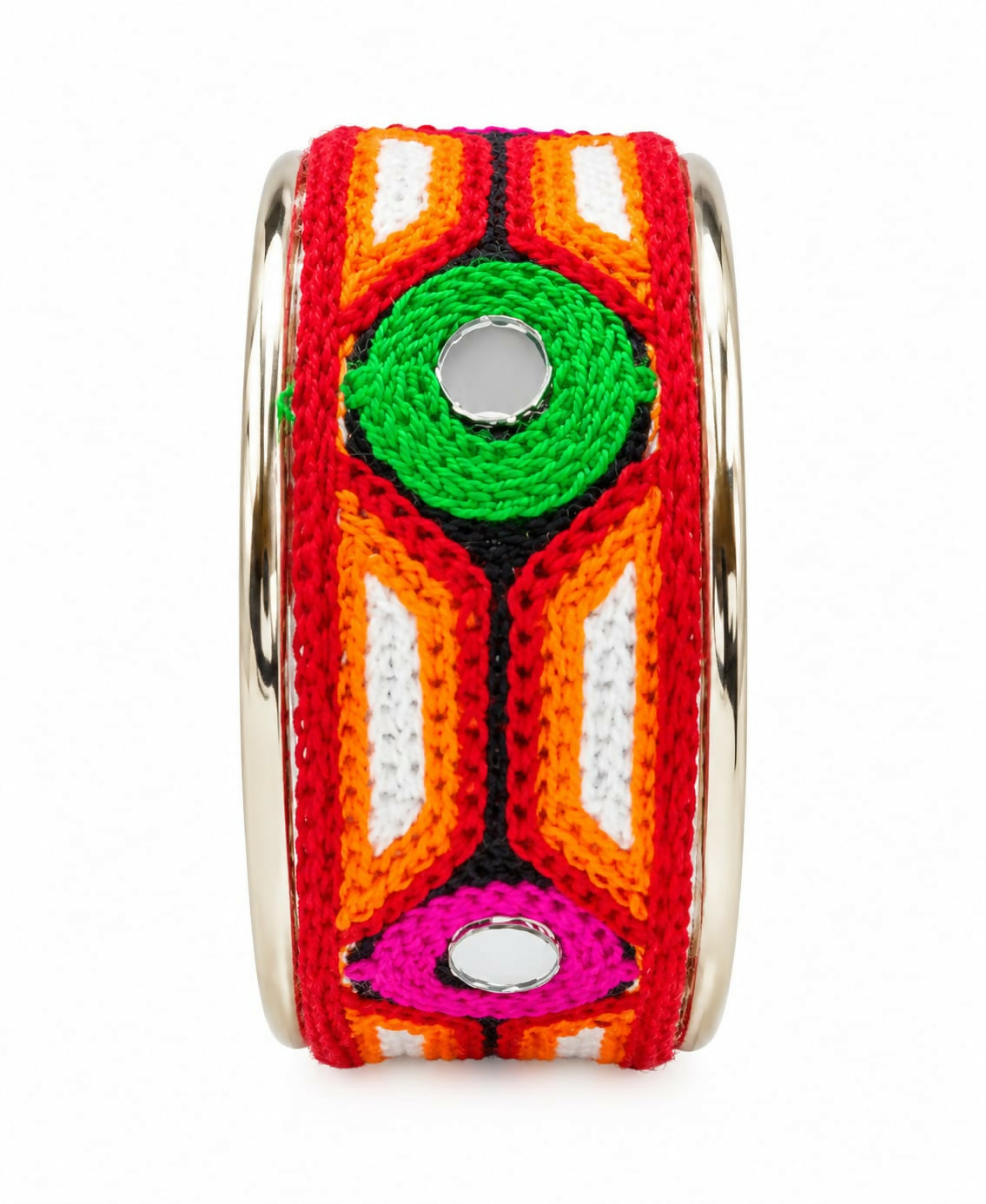 A studio shot of the embroidered cuff bracelet, showcasing its intricate design and reflective mirrors against a white