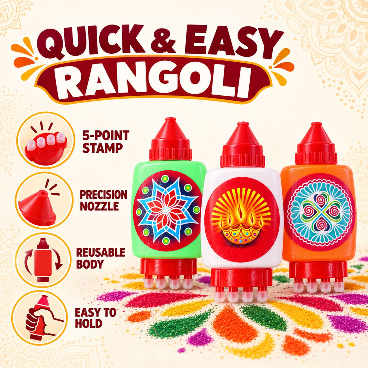 Three colorful rangoli bottles with stamping bases creating a vibrant pattern on the floor, surrounded by text about quick