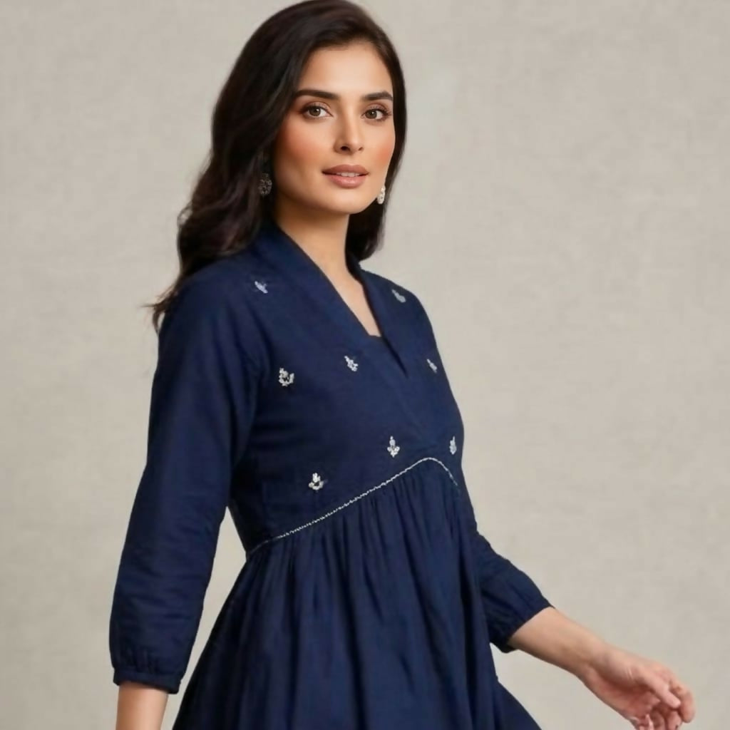 Front view of women’s deep blue embroidered short kurti with V-slit neckline