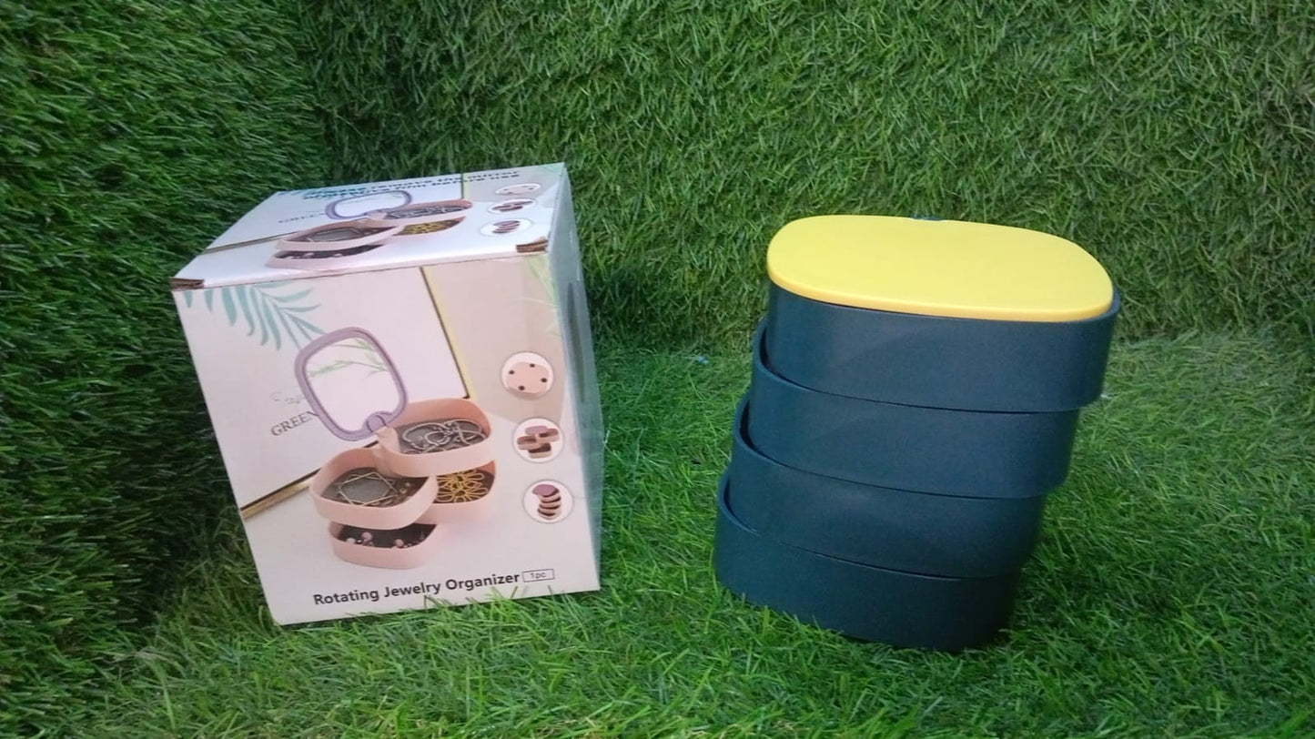 Jewellery organizer with mirror showing 4-layer rotating design