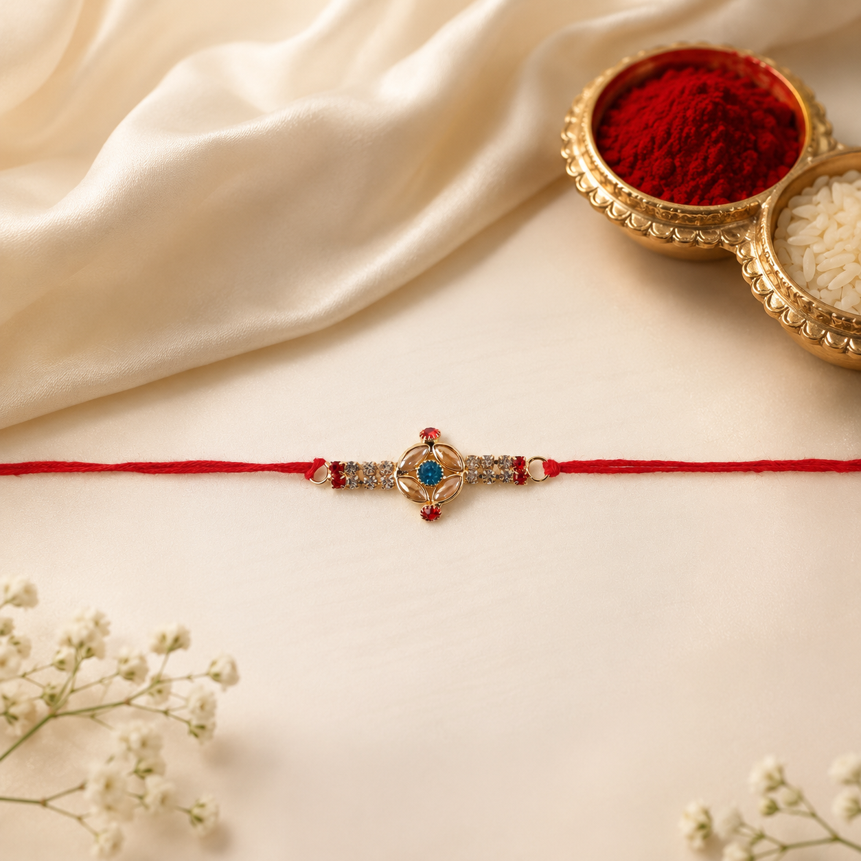 Tiny Oval Stone Rakhi with Red Thread and Delicate Gold Beads