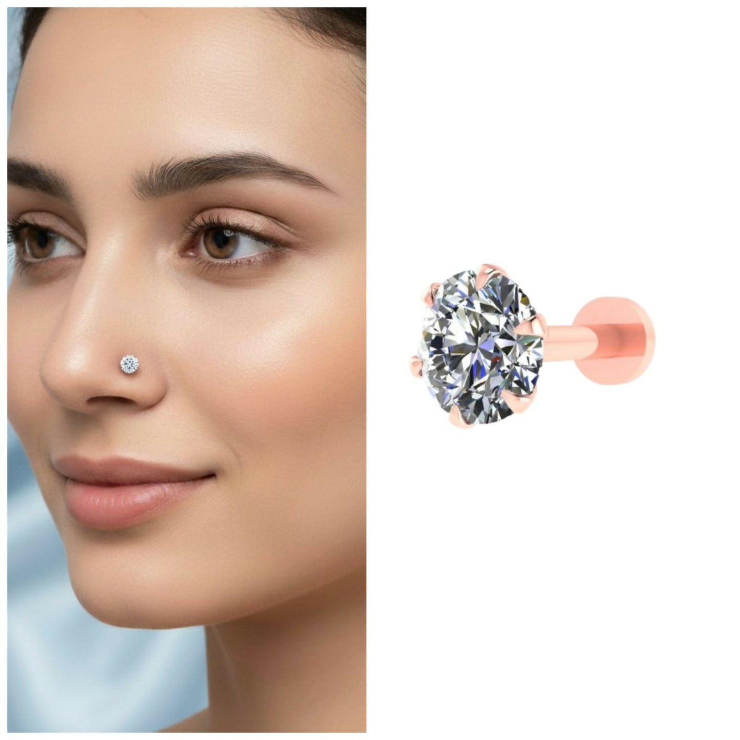 Diamond nose stud in 14K rose gold with flat back design