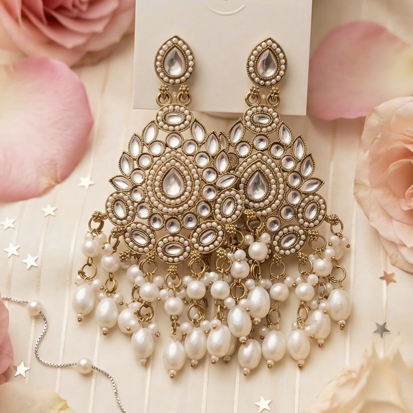 Exquisite Kundan & Pearl Drop Chandbali Earrings with Gold-Plated Finish