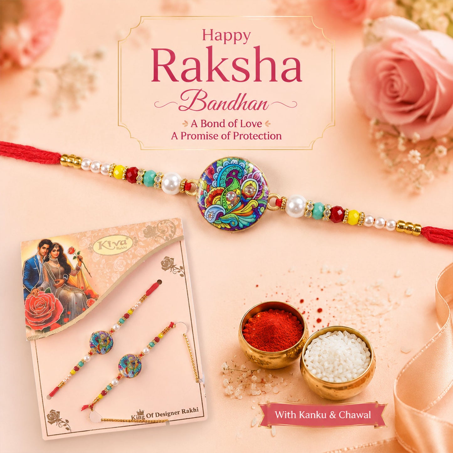 Bhaiya Bhabhi Peacock Meenakari Rakhi & Pearl Drop Lumba