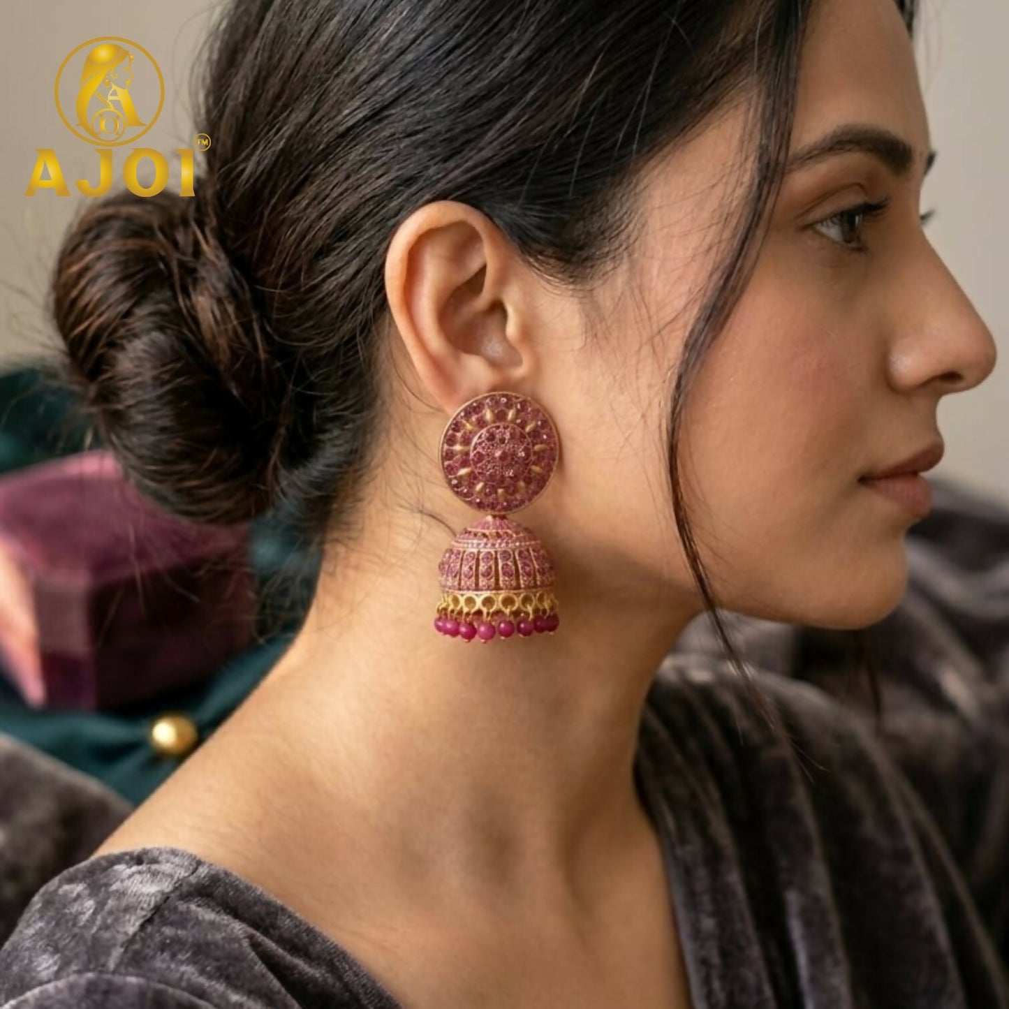 Antique Gold Pink Stone Jhumka Earrings Traditional Ethnic Design