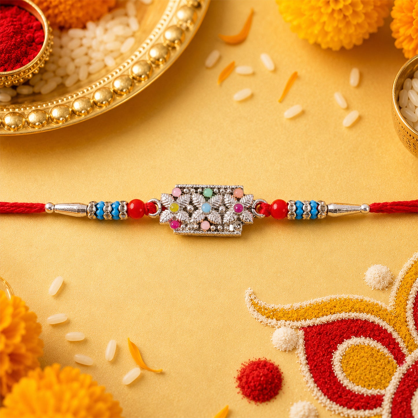 Rectangular Pearl Crystal Rakhi with Red Blue Beads, Roli Chawal Coin and Gift Packing