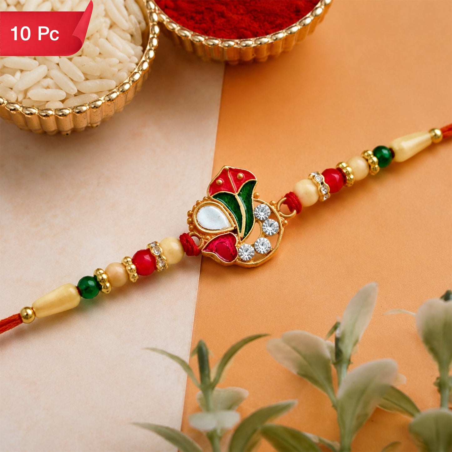 Ganpati Rakhi with Enamel Work and Traditional Beads Divine Blessing (10pcs)
