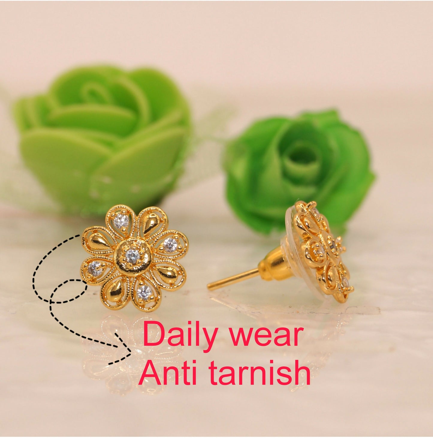 Dainty Gold Plated AD Floral Stud Earrings for Women & girls