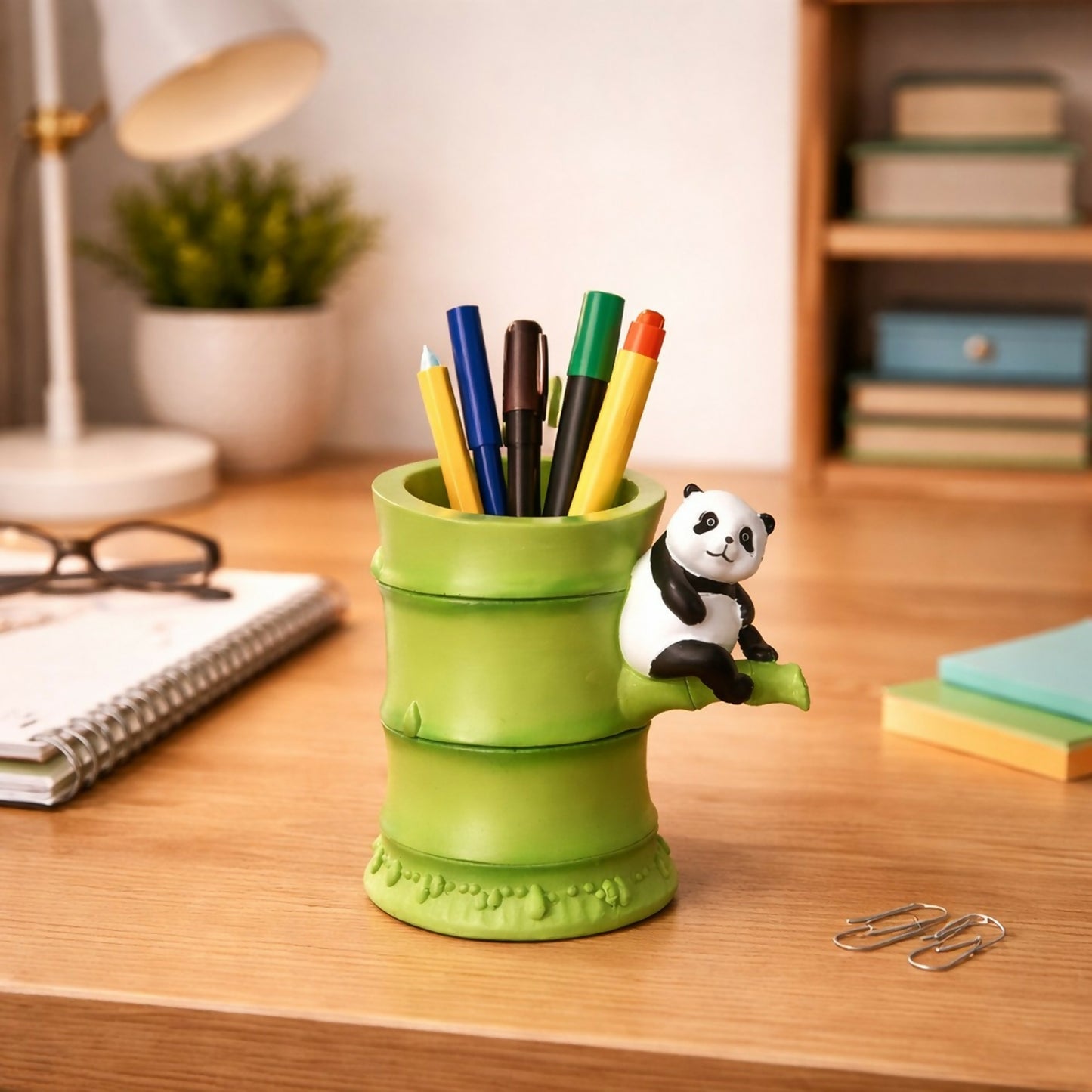 Cute Panda Bamboo Pen Stand Desk Organizer for Kids & Office Table