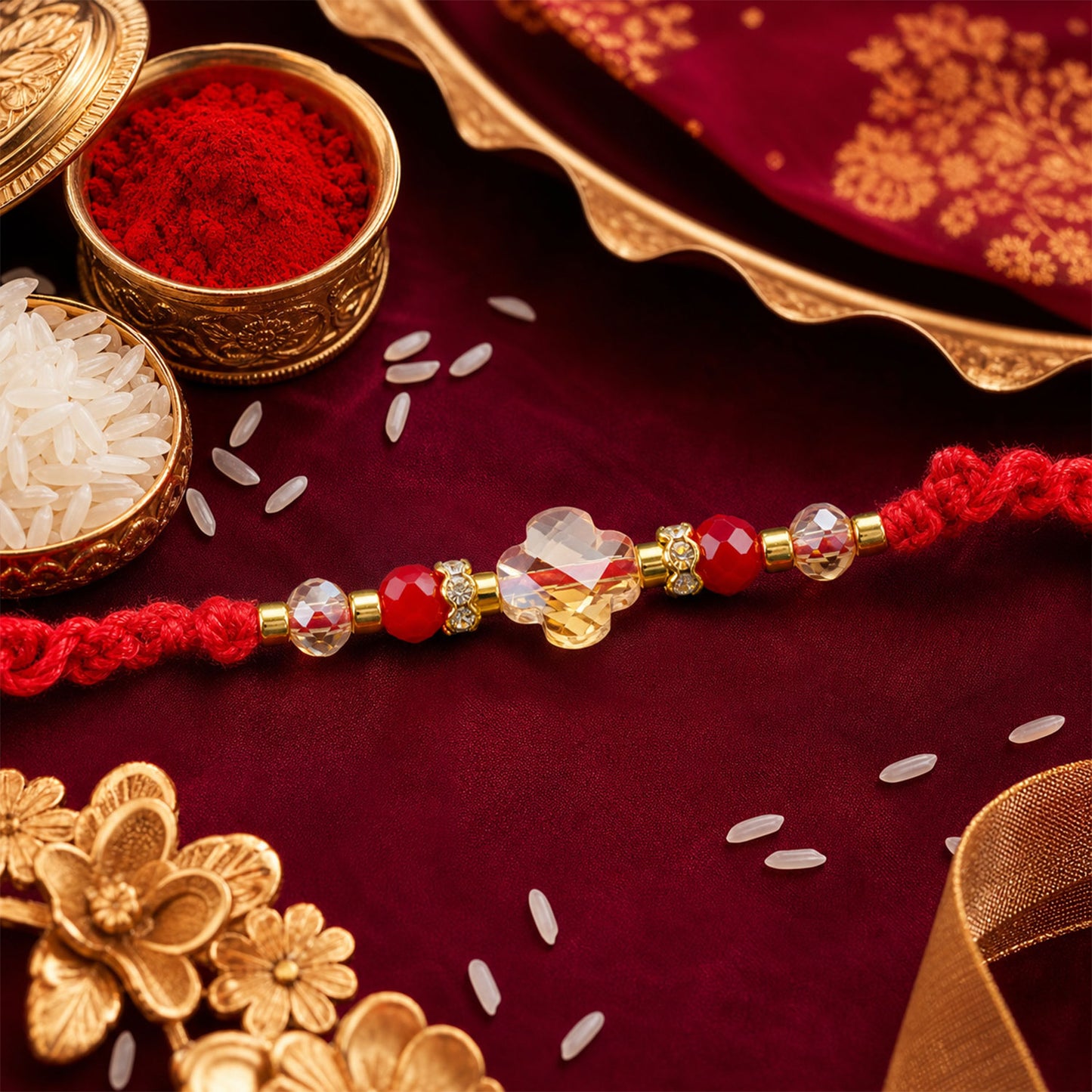 Red Thread Rakhi with a Row of Sparkling Crystal Bead Pendant Accents
