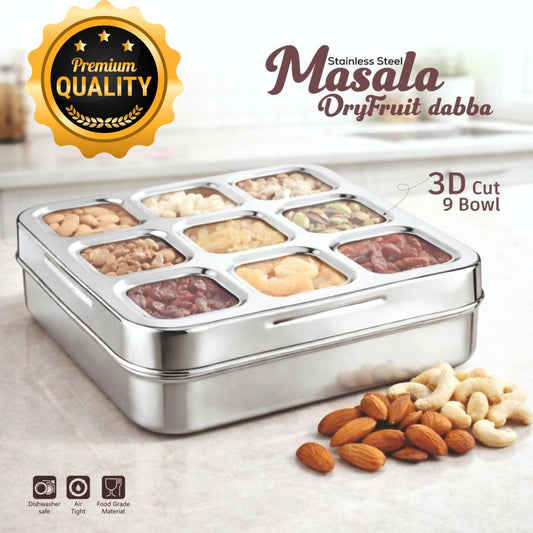 Premium stainless steel masala and dry fruit storage dabba with 9 compartments