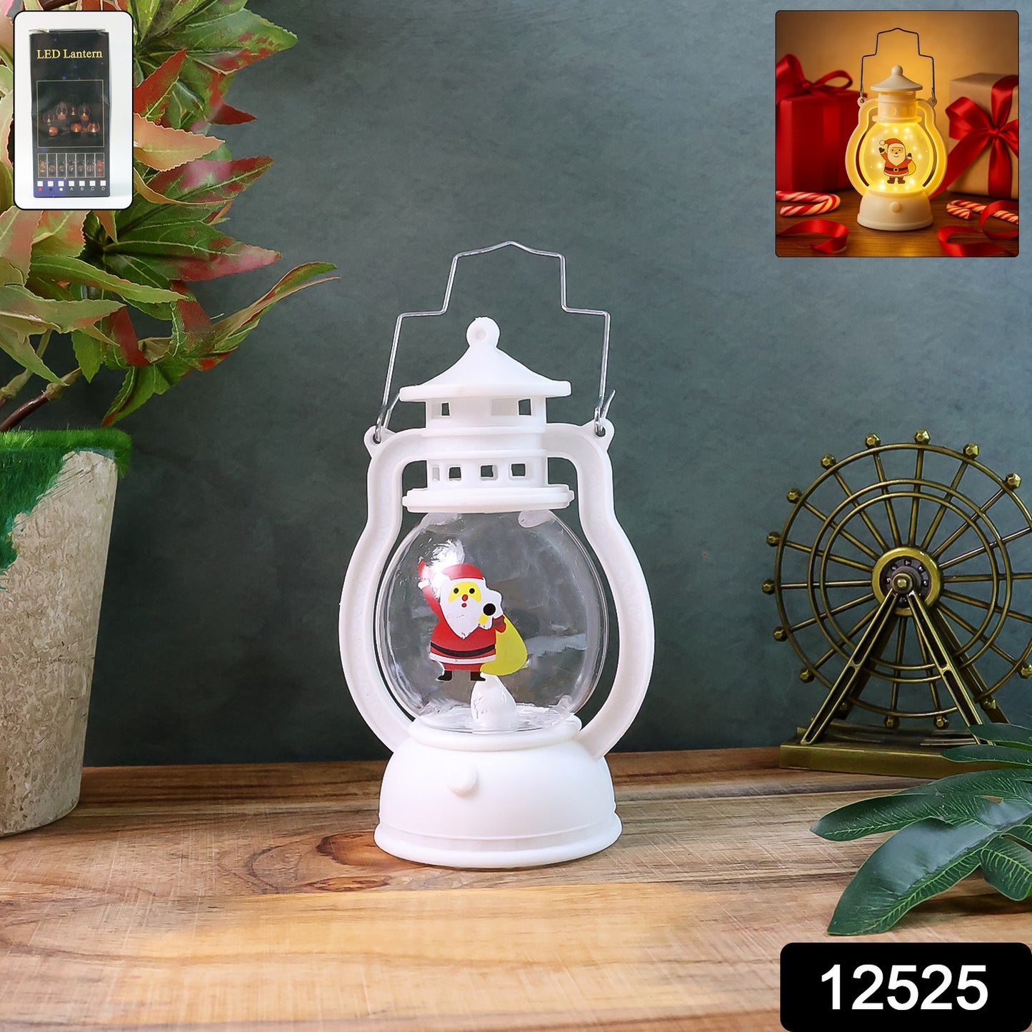 Mini LED Decorative Lantern with Santa Figurine & Handle (1 Pc)