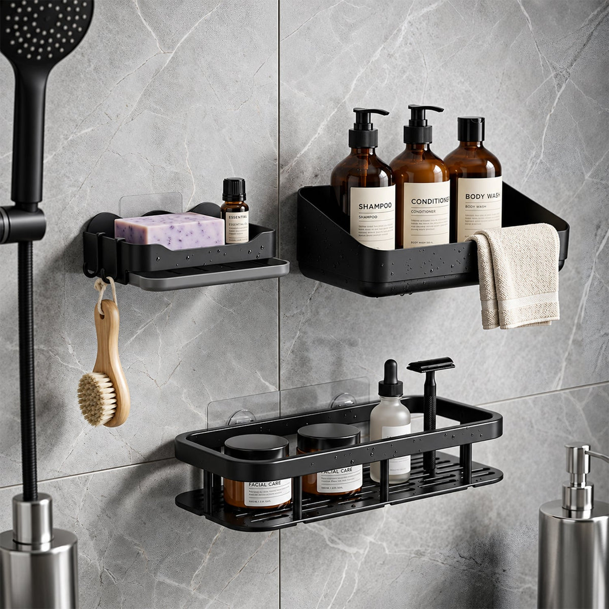 Three black plastic shower caddies with various toiletries on a grey tiled wall, with a shower head visible.