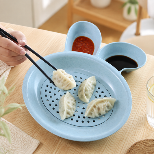 Dumpling Serving Plate – With Strainer & Dual Sauce Compartments