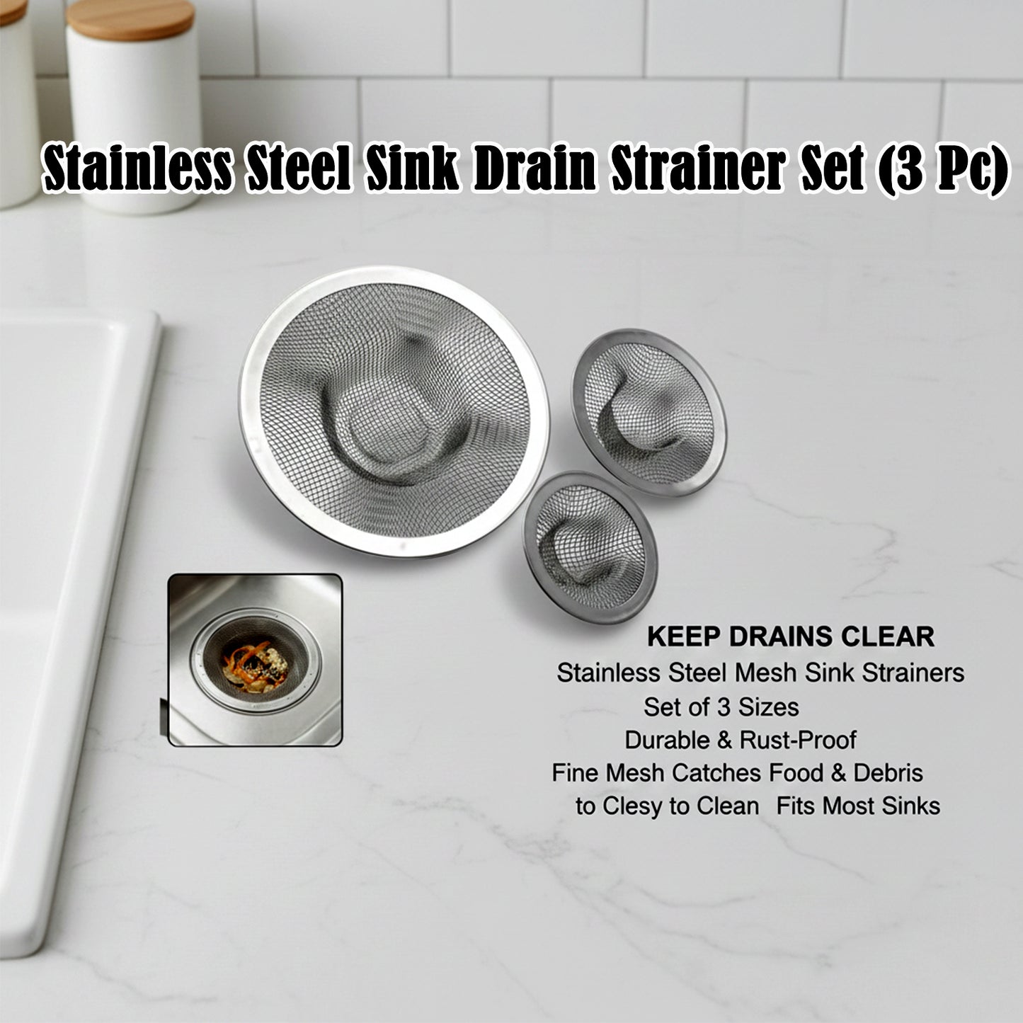 Stainless Steel Sink Drain Strainer Set (3 Pc)