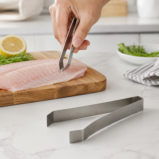 A hand uses a silver stainless steel tweezer to remove a bone from a raw fish fillet on a wooden cutting board.