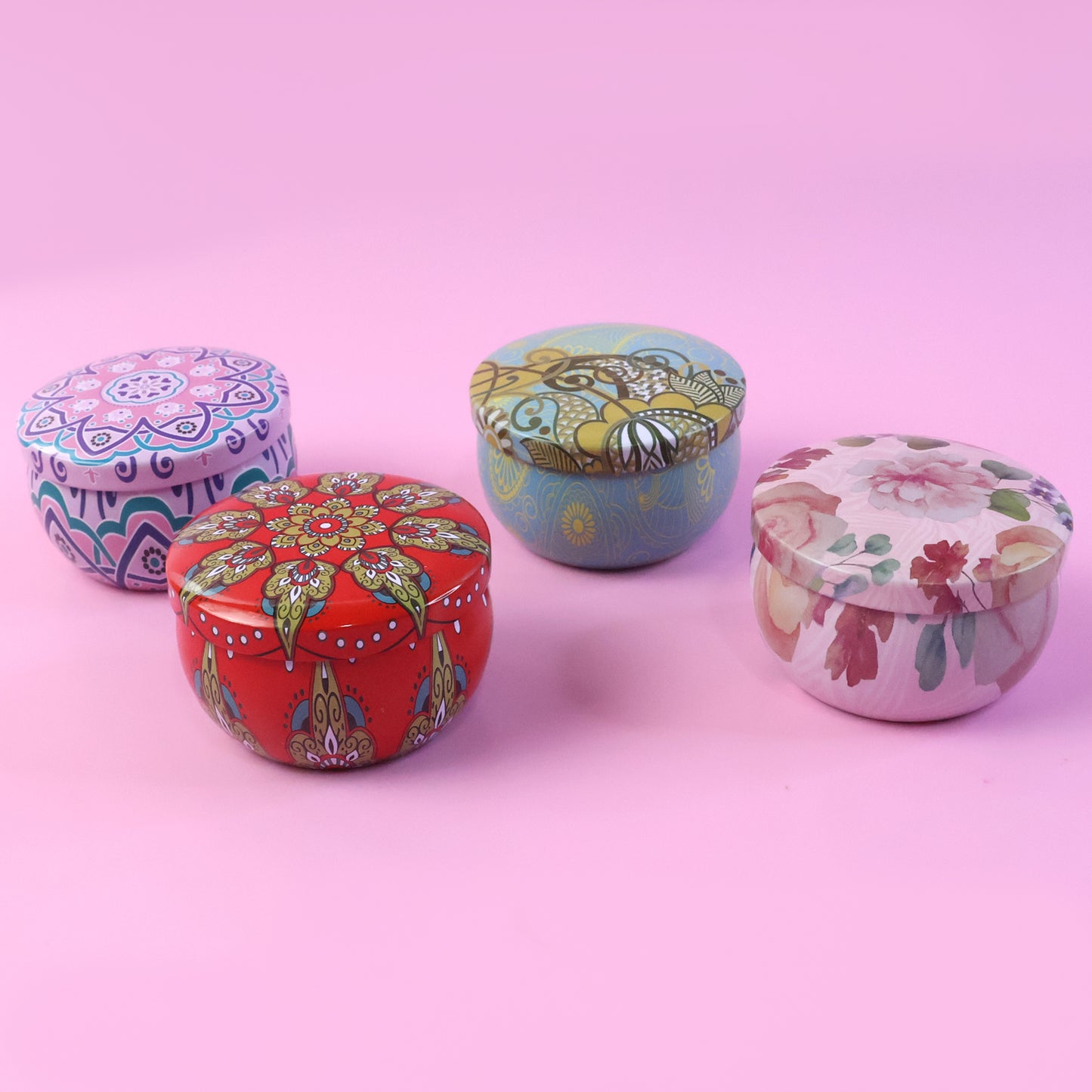 Premium Decorative Mandala Printed Metal Candle Container (4 Pc)