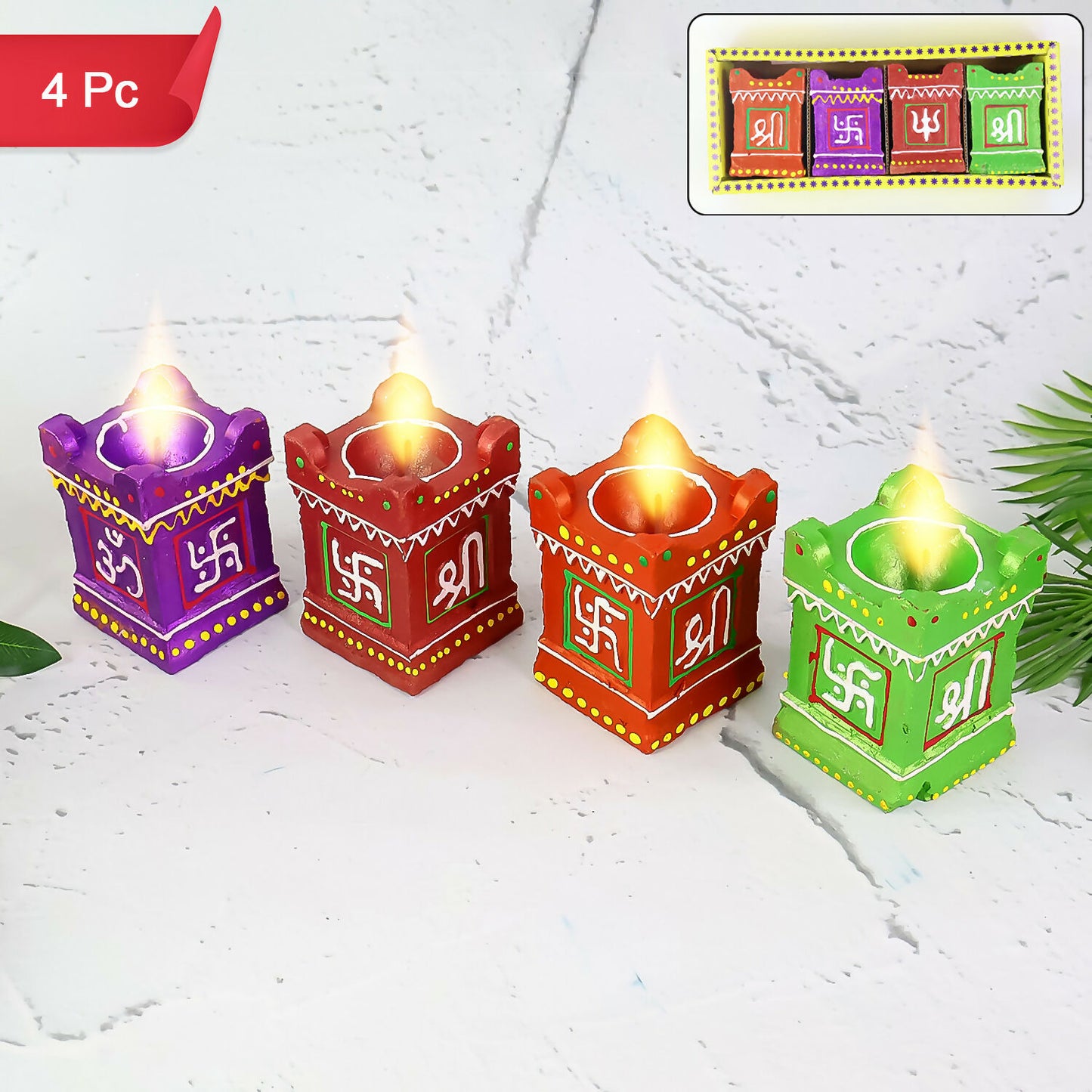 Traditional Handcrafted Square Diya Set of 4 – Decorative Clay Oil Lamp with Swastik & Shree Design for Festivals & Pooja