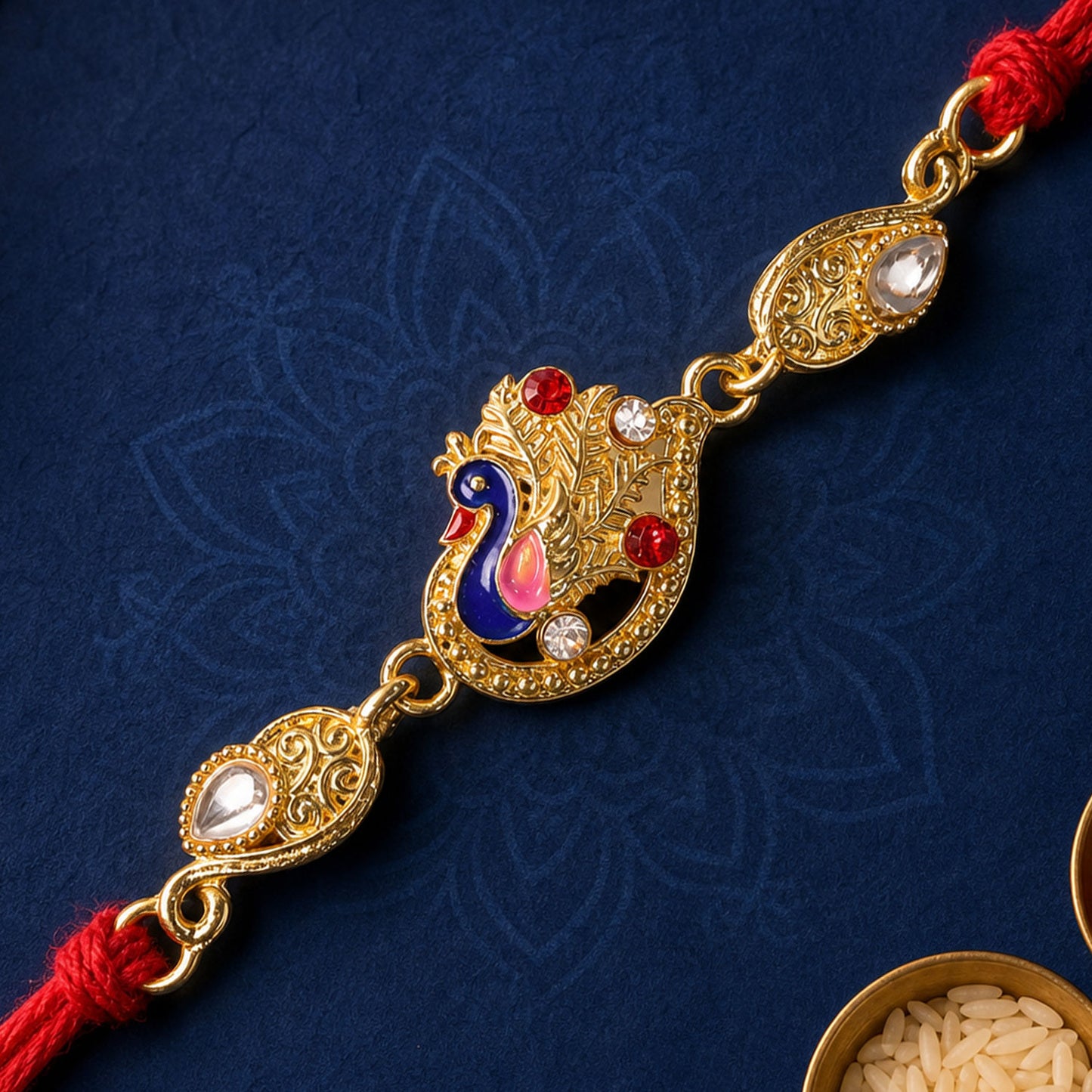 Elegant Rakhi showcasing Peacock Charm, color stones and gift style for Gift Styling