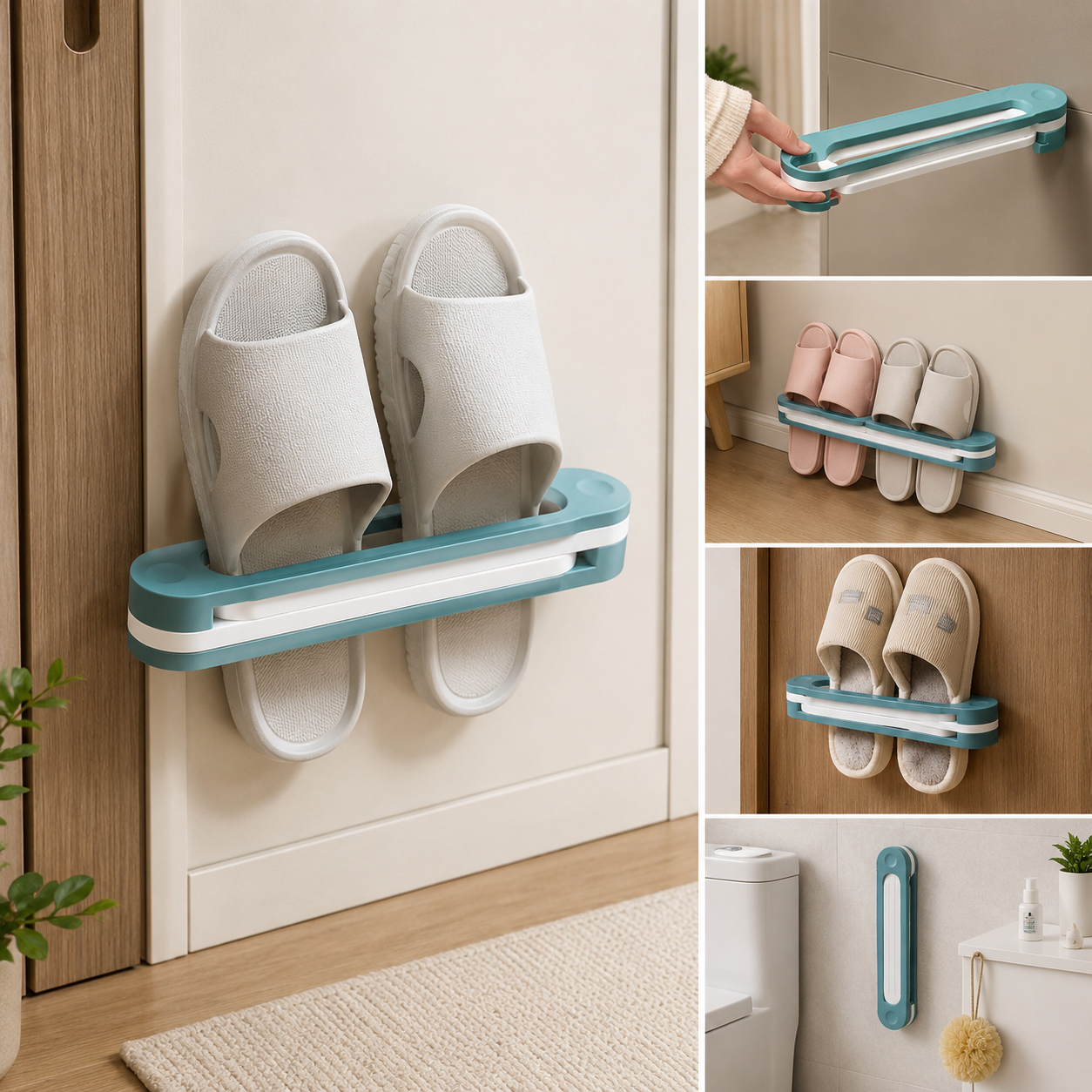 A teal and white folding shoe rack holds two pairs of white slippers on a light-colored door.